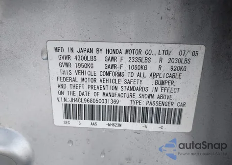 2005 Acura Tsx z USA, uszkodzony, nr VIN JH4CL96805C031369